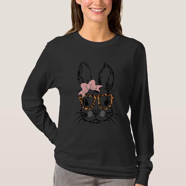 Cute Bunny Rabbit Wearing Glasses Leopard Easter D T-Shirt (Front)