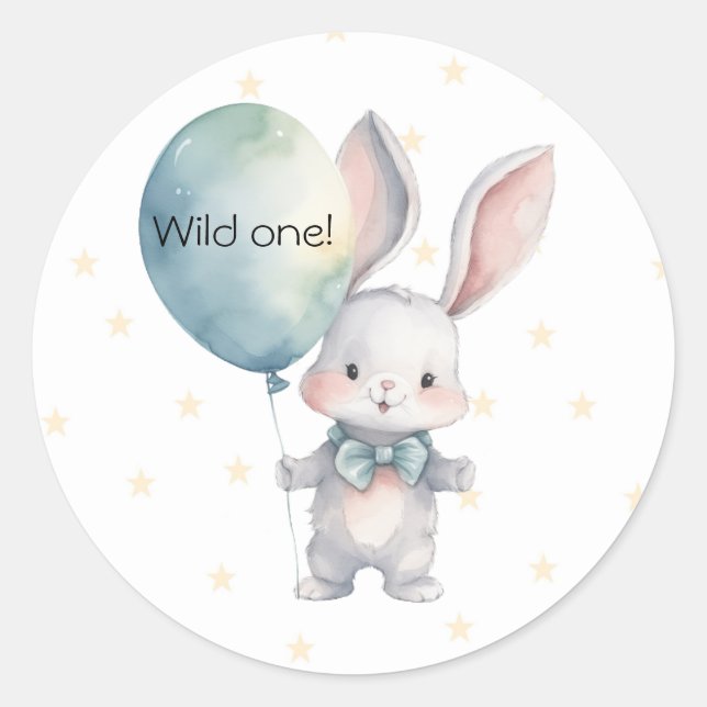 Cute Bunny Rabbit Wild One 1st Birthday Party Classic Round Sticker (Front)