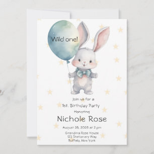 Cute Bunny Rabbit Wild One 1st Birthday Party Invitation