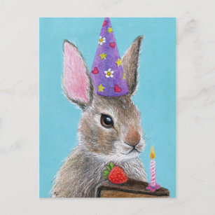 Cute bunny rabbit with chocolate cake birthday postcard