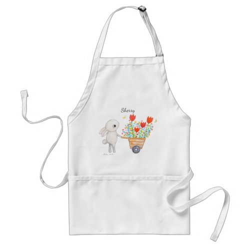 Cute Bunny rabbit with Flowers Custom Name Adult Apron