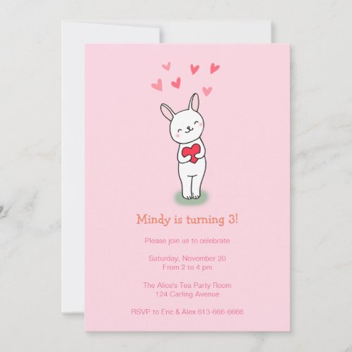 Cute Bunny Rabbit with Hearts woodland birthday Invitation