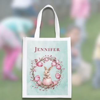 Cute Bunny Rabbit with Pink Easter Eggs n Wreath