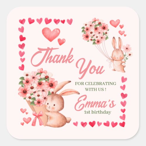 Cute Bunny rabbit with pink Heart birthday   Square Sticker