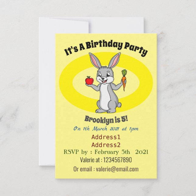 Cute bunny rabbit with vegetables cartoon invitation (Front)