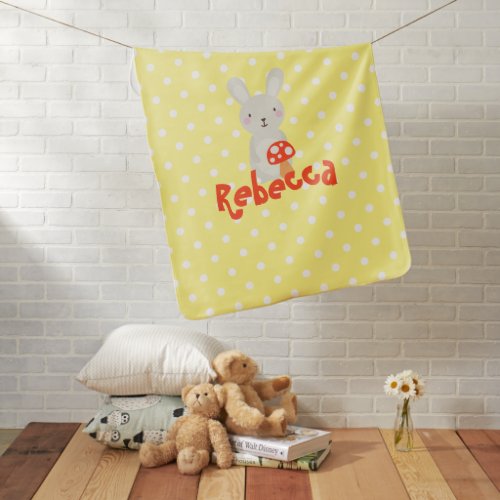 Cute Bunny Rabbit Woodland Animal Name Yellow Dots Baby Blanket