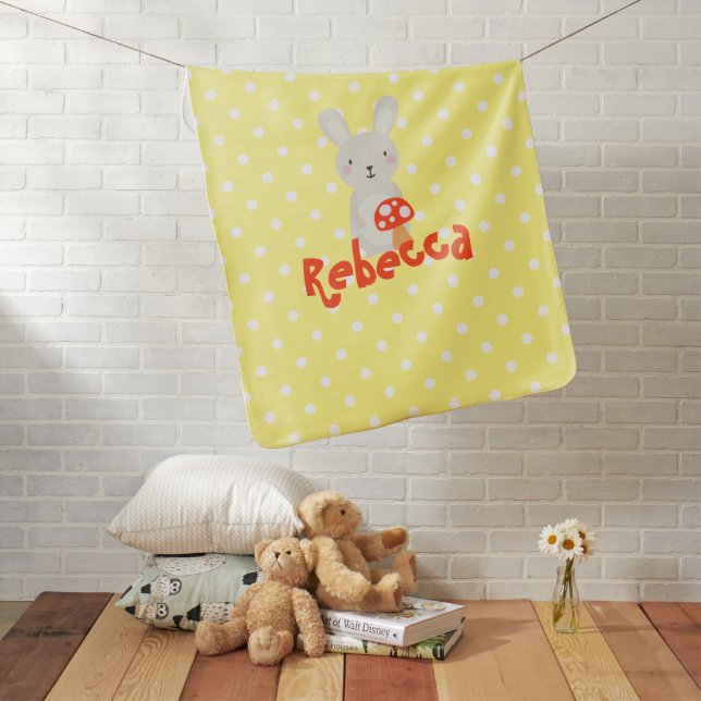 Cute Bunny Rabbit Woodland Animal Name Yellow Dots Baby Blanket (In Situ)