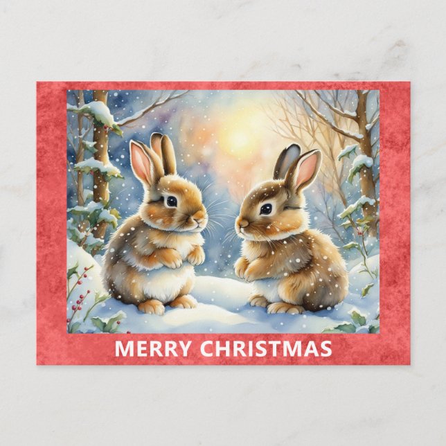 Cute Bunny Rabbit Woodland Forest Merry Christmas Postcard (Front)