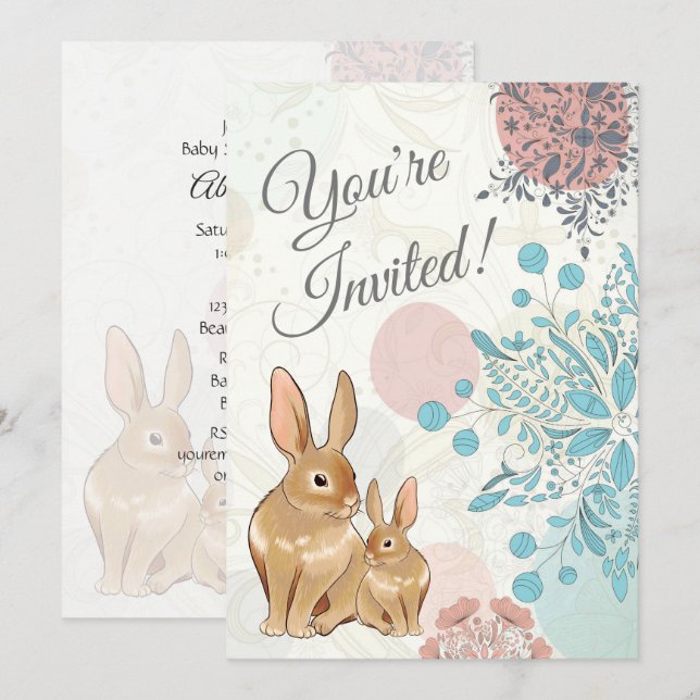 Cute Bunny Rabbits and Flowers Spring Baby Shower Invitation (Front/Back)