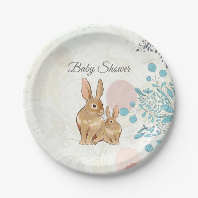 Cute Bunny Rabbits and Flowers Spring Baby Shower Paper Plates (Front)