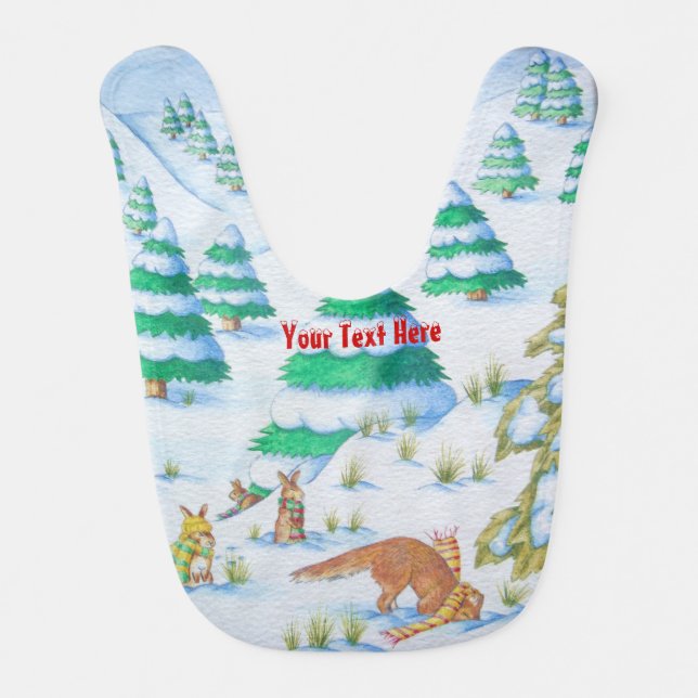 cute bunny rabbits and fox snow scene christmas bib (Front)