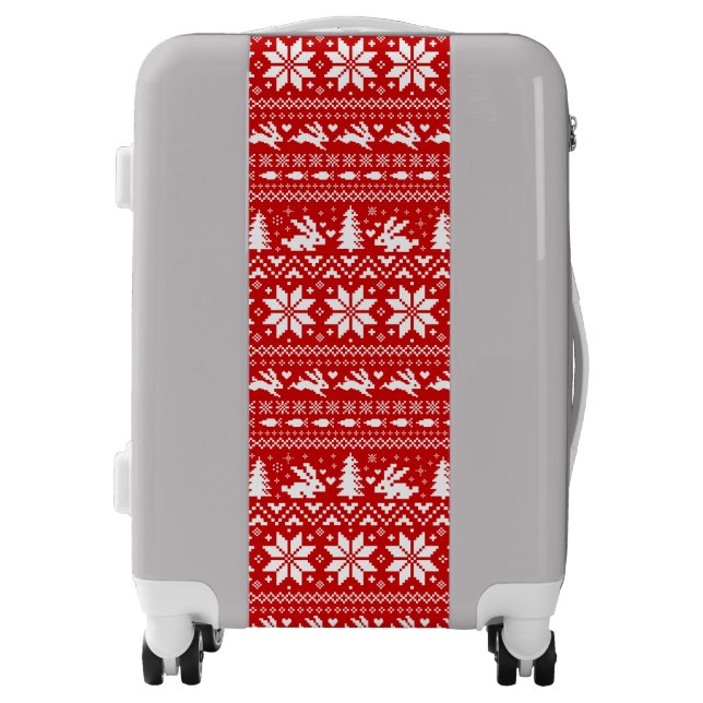 Cute Bunny Rabbits Christmas Holiday Red Pattern Luggage (Front)