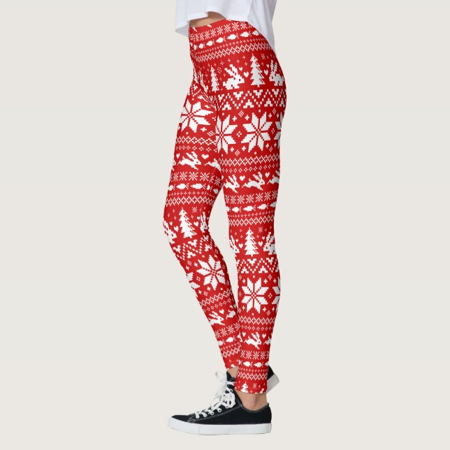 Cute Bunny Rabbits Christmas Pattern Red and White Leggings (Left)