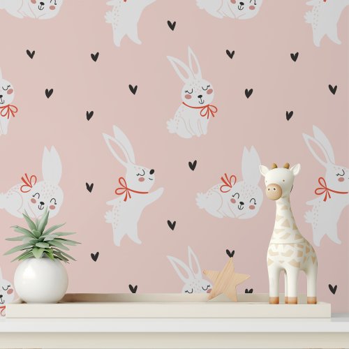 Cute Bunny Rabbits Hearts Kids Pattern Wallpaper