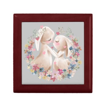 Cute Bunny Rabbits In Love Floral Wreath Gift Box by SandCreekVentures at Zazzle