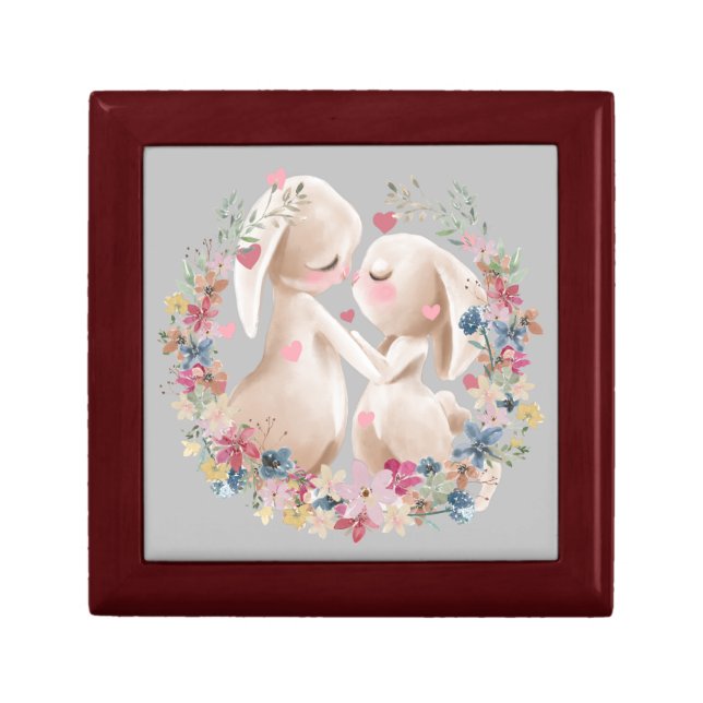 Cute Bunny Rabbits in Love Floral Wreath Gift Box (Front)
