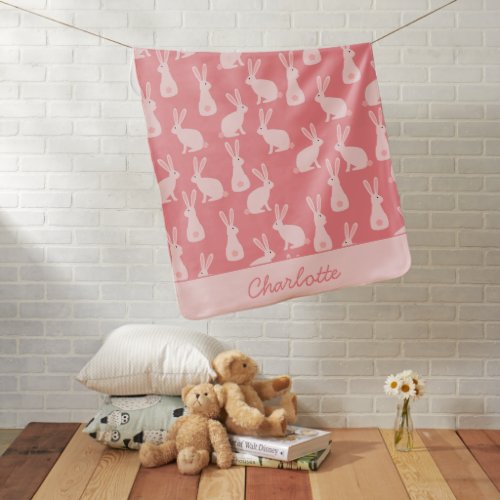 Cute Bunny Rabbits Pink Personalized Baby Blanket