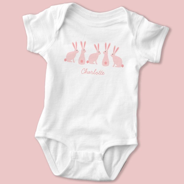 Cute Bunny Rabbits Pink Personalized Baby Bodysuit (Cute Bunny Rabbit personalized name baby bodysuit)