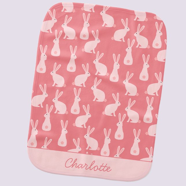 Cute Bunny Rabbits Pink Personalized Baby Burp Cloth (Cute bunny rabbit personalized name baby burp cloth)