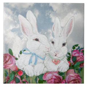 Cute Bunny Rabbits & Pink Roses Romantic Fun Ceramic Tile
