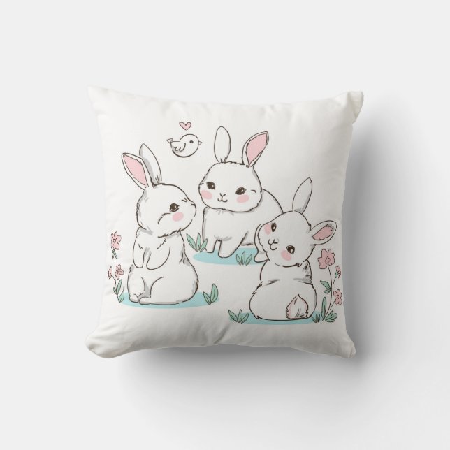 Cute Bunny Rabbits Pink Spring Flowers Easter Throw Pillow (Front)