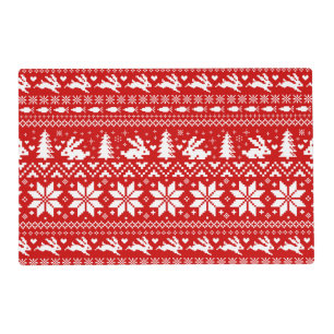 Cute Bunny Rabbits Red Christmas Holiday Pattern Placemat