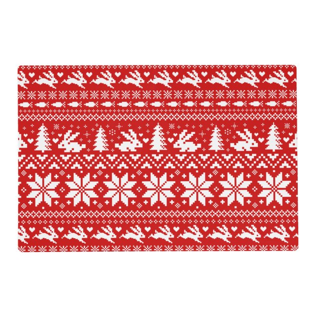 Cute Bunny Rabbits Red Christmas Holiday Pattern Placemat (Front)