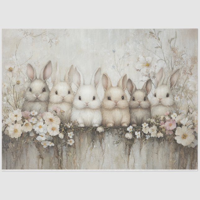 Cute Bunny Rabbits Wildflowers Decoupage Tissue Paper (Front)