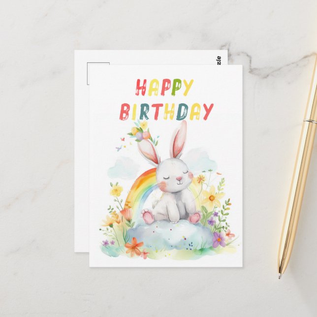 Cute Bunny Rainbow Colorful Happy Birthday Postcard (Front/Back In Situ)