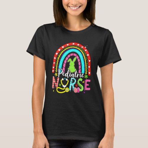 Cute Bunny Rainbow Pediatric Nurse Bunny Happy Eas T_Shirt