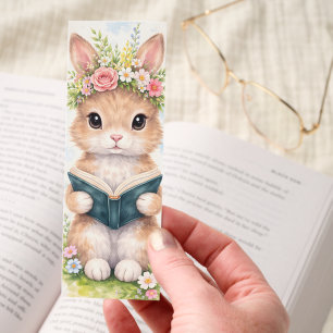 Cute Bunny Reading a Book Watercolor Floral Crown Bookmarks