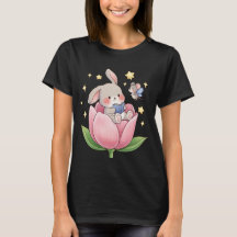 Cute Bunny Reading Book in Pink Flower with Fairy