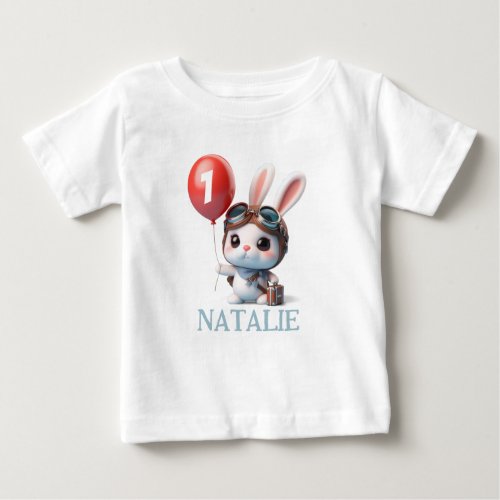 Cute Bunny Red Balloon 1st Birthday Rabbit Baby T_Shirt