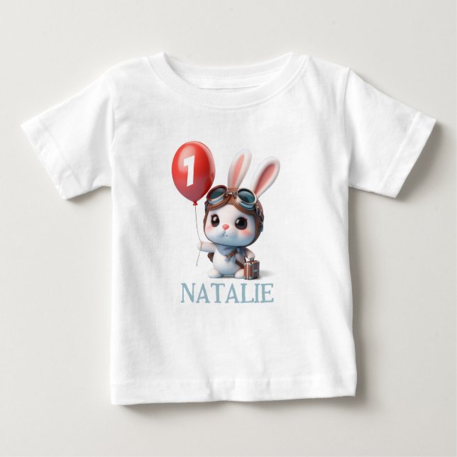 Cute Bunny Red Balloon 1st Birthday Rabbit Baby T-Shirt (Front)