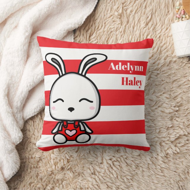 Cute Bunny Red Striped Birth Stats Throw Pillow (Blanket)