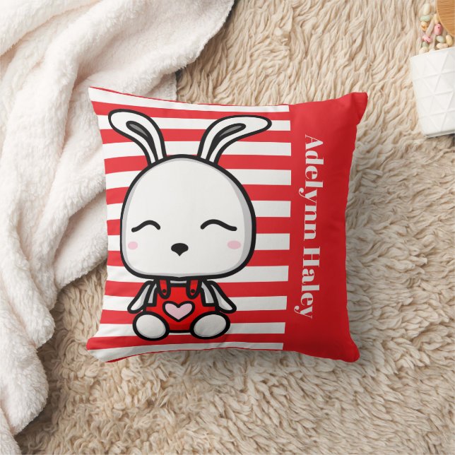 Cute Bunny Red Striped Throw Pillow (Blanket)