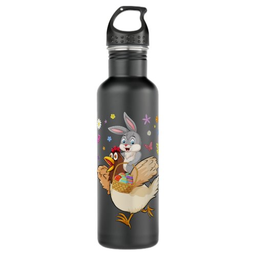Cute Bunny Riding Chicken Hunting Eggs Farmers Eas Stainless Steel Water Bottle