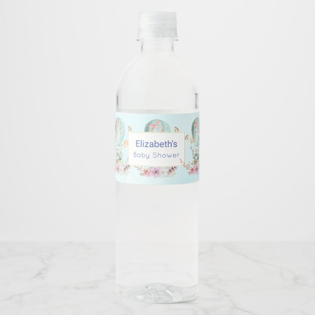 Cute Bunny Riding in a Balloon Baby Shower Water Bottle Label (Front)