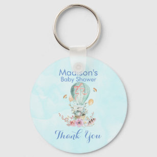 Cute Bunny Riding in a Hot Air Balloon Baby Shower Keychain