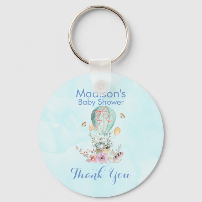 Cute Bunny Riding in a Hot Air Balloon Baby Shower Keychain (Front)