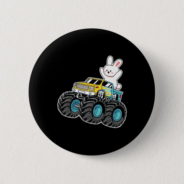 Cute Bunny Riding Monster Truck Easter Day Kids Gi Button (Front)