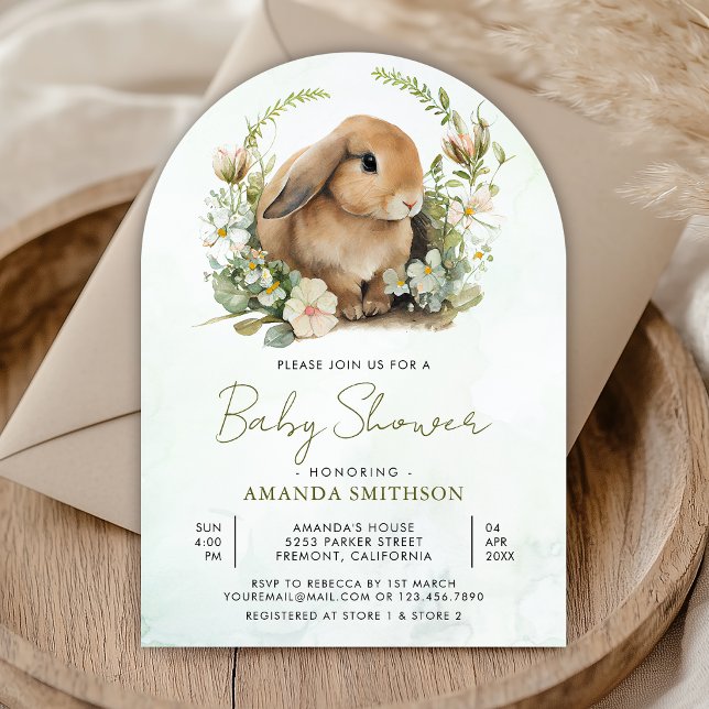 Cute Bunny Sage Green Floral Arch Baby Shower Invitation (Creator Uploaded)