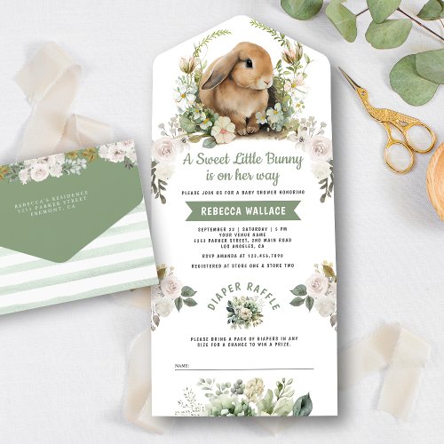 Cute Bunny Sage Green Floral Baby Shower All In One Invitation