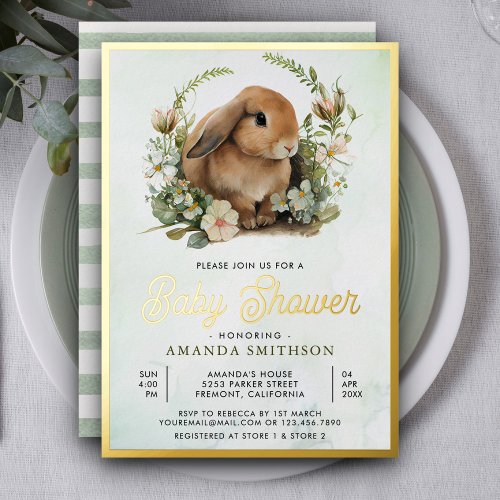 Cute Bunny Sage Green Floral Baby Shower Gold Foil Invitation