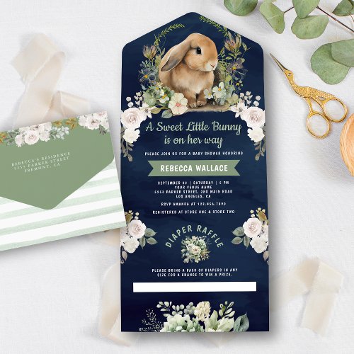 Cute Bunny Sage Green Floral Navy Blue Baby Shower All In One Invitation