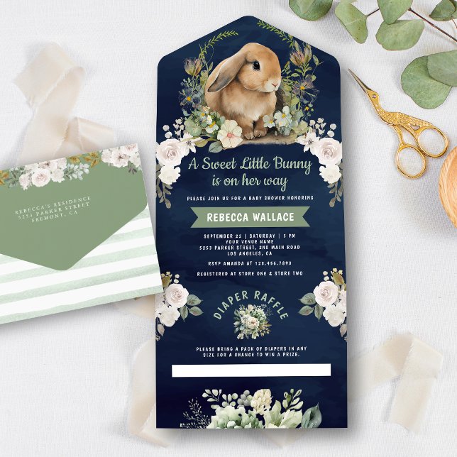 Cute Bunny Sage Green Floral Navy Blue Baby Shower All In One Invitation (Creator Uploaded)