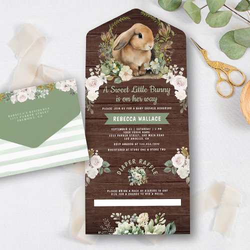 Cute Bunny Sage Green Floral Wood Baby Shower All In One Invitation