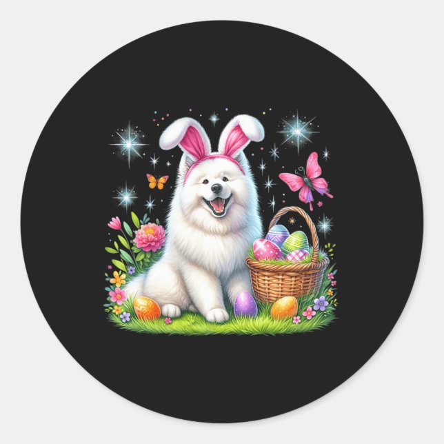 Cute Bunny Samoyed Dog Easter Eggs Basket Easter D Classic Round Sticker (Front)