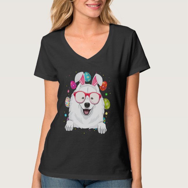 Cute Bunny Samoyed Dog Face Easter Eggs Easter Day T-Shirt (Front)
