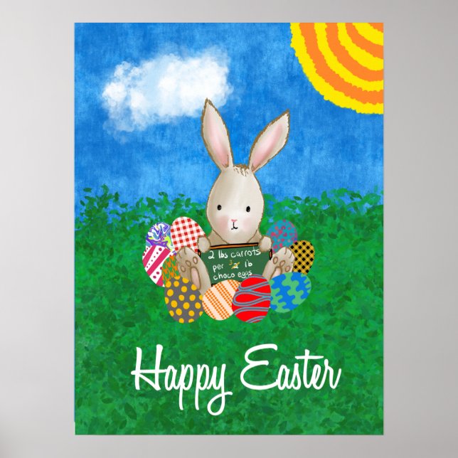 Cute Bunny Selling Easter Eggs For Carrots Poster (Front)